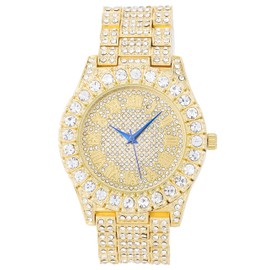 Mens Gold Big Rocks Bezel Gold Dial with Roman Numerals Fully Iced Out Watch - Gold/Gold - ST10327
