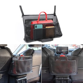 Car Net Pocket Handbag Holder, Leather edging, The Latest Improvement Driver Storage Netting Pouch, Car Net Pocket for Purses and Bags Front Seat, Safe Driving （Upgraded black leather edging）