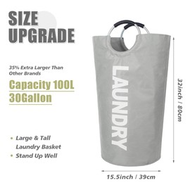 Twira 100L Large Laundry Basket, Laundry Hamper Stands Up Well, Laundry Bag with Padded Handles, Waterproof Clothes Bin Collapsible, Clothes Hamper for Bathroom, Laundry, College (Light Grey)