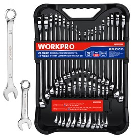 WORKPRO WORKPRO 32-Piece SAE & Metric Combination Wrenches Set, 20-Piece Standard wrenches and 12-Piece Stubby Wrenches with Organizer Tray, Cr-V Steel Mirror Chrome Polished