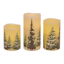 Snowy Winter Pine Forest Wax Flameless Holiday Pillar Candles, Set of 3, 6 Inch