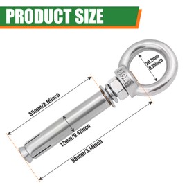 2 Pcs Long Eye Bolt with Ring, M8 x 70 mm 304 Stainless Steel Wall with Nut Washer Expansion Anchor Bolts Masonry Concrete Screws for Masonry and Hollow Walls