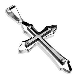 Paula & Fritz® Men's Double Cross Pendant 316L Surgical Steel Black Silver Necklace Pendant Women's Chain Pendant, Stainless Steel Stainless steel Surgical steel