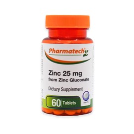 Zinc Gluconate 25 mg Chelated Elemental Zinc, Immune Support Supplement Mineral Antioxidant for Vegetarians, Acne, Easy to Swallow, 60 Tablets, by Pharmatech®