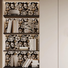 Abyssaly Vintage Black and Gold Wallpaper, Dark Floral Peel and Stick Wallpaper for Shel Liner, Self Adhesive Accent Contact Paper for Cabinets 17.7 in X 118 in