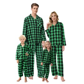 Schbbbta Pajamas for Mens, Flannel Black Green Family Plaid Pajamas Cotton 2-Piece Button Down Sleepwear Pjs Sets, Black Green, US M