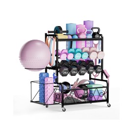 ANYHALO Home Gym Organizer All-in-One Yoga Dumbbell Rack Kettlebell Sets Holder, for Workout Exercise Equipment, Yoga Mat, Fitness Accessories, Home Gym Equipment Storage with Wheels