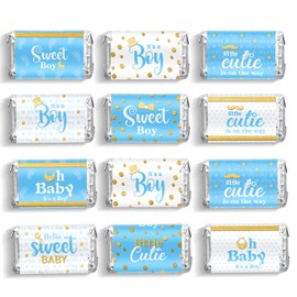 Shower Mini Candy Bar Miniatures Wrappers Chocolate Bar Label Stickers for Boys Girls Kids Baby Shower Decor (No Candy)(Blue Boy Style, 90 Pieces)