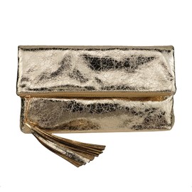 JNB Women's Cracked Metallic Fabric Foldover Clutch with Tassel, Gold