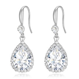 EVER FAITH Wedding Bridal Dangle Drop Jewelry for Bride, Elegant Birthstone Cubic Zirconia Teardrop Party Prom Round CZ Fish Hook Earrings for Women Clear Silver-Tone