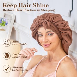 Silk Satin Bonnet for Sleeping Hair: Women Sleep Night Wrap Cap for Straight Wavy Curly Coily Kinky Natural Hair Head by Tie Band - Coffee + Gold