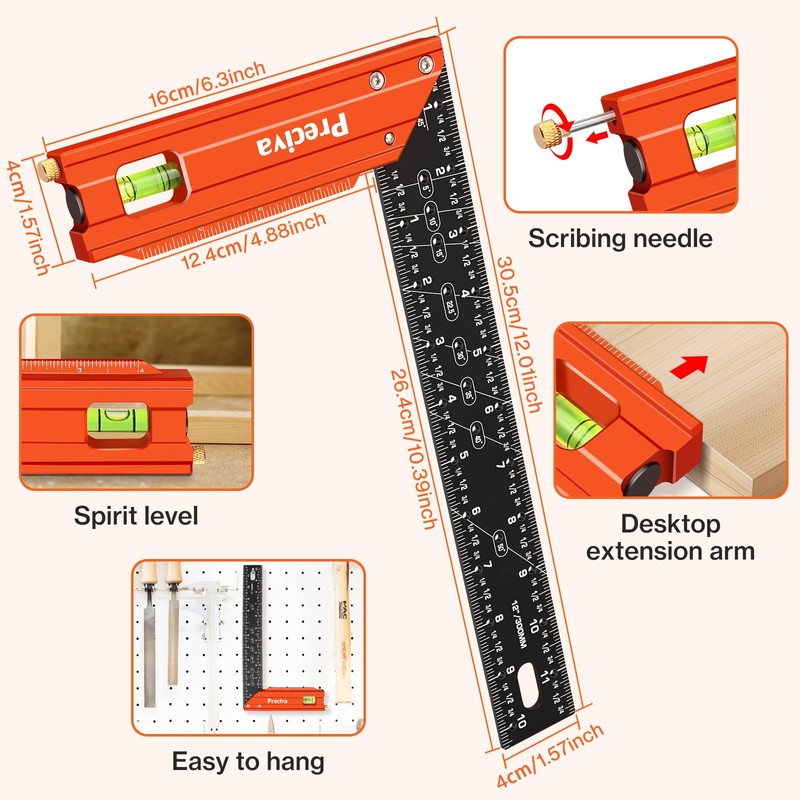 Preciva 12” Carpenter Square Ruler - Aluminum Alloy Framing Square,