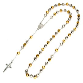 Rosary Jesus Christ Cross Prayer Pendant Necklace Stainless Steel Bead Chain Mens Womens Christian Jewelry, Gold/Silver Color