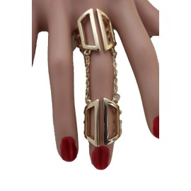 Women Cuff Ring Trendy Fashion Jewelry Metal Chain Long Finger Double Adjustable Size Band Gold Color