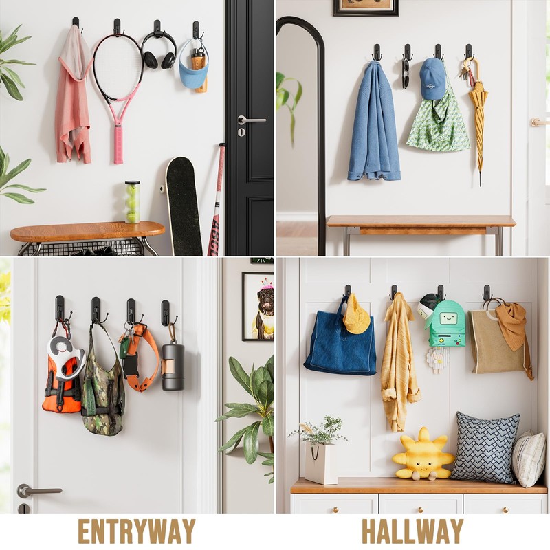 TAILI Adhesive Double Hooks for Hanging, 4 Coat Hooks &