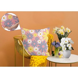 BAOKU pink White Daisy Landscape Pattern Cushions Cover Cushions Pillow Covers Set of 4 Home Decorative for Sofa Linen Square Outside Office 18x18 Inch 45x45cm