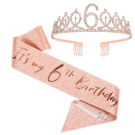 6th Birthday Sash and Tiara for Girls, Rose Gold Birthday Sash Crown 6 & Fabulous Sash and Tiara for Girls, 6th Birthday Gifts for Happy 6th Birthday Party Favor Supplies