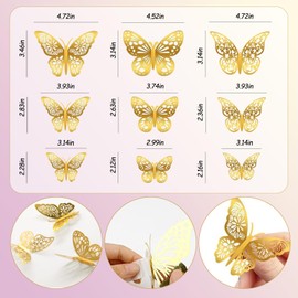 BMYUK 72 Pcs 3D Butterfly Wall Stickers 3 Styles Stereoscopic Hollow for Wedding Decorations Girls Bedroom Birthday Party Holiday Decoration Stickers (Golden)