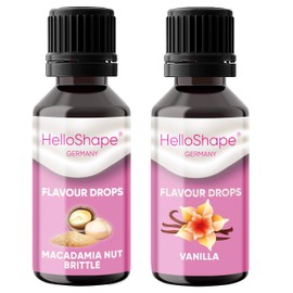 HelloShape Flavour Drops, Sugar-Free, Set of 2 x 30 ml, Macadamia Nut Brittle & Vanilla, Calorie-Free Sweetening Drops with Dosing Aid, Vegan, for Natural Yogurt, Porridge or Quark