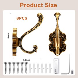 Zonon 8 Pcs Vintage Coat Hooks Antique Brass Wall Hooks for Hanging Purse Hat Keys Clothes Curtain Unique Heavy Duty Bathroom Decor