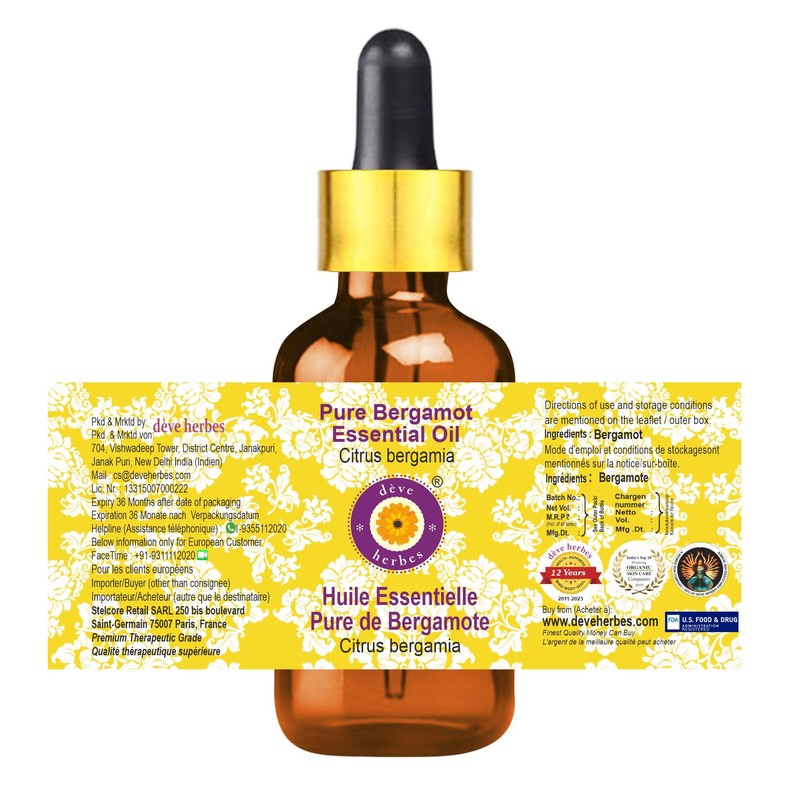 Deve Herbes Pure Bergamot Essential Oil (Citrus bergamia) with Glass