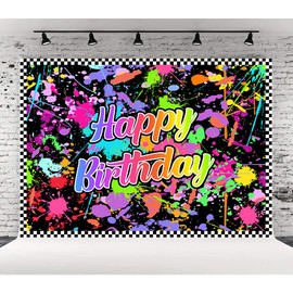 Lofaris Neon Glow(Not Glow) Birthday Party Photography Backdrop Colorful Graffiti Splatter in The Dark Happy Birthday Background Retro Let's Dance Sleppover Party Decor Photo Booth Props 10x7ft