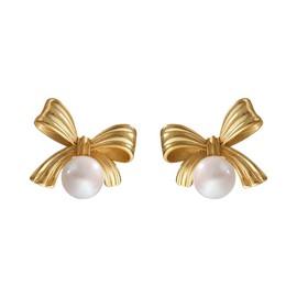 Gold Bow Knot Stud Earrings for Women Girls Sterling Silver Post Pin Handpicked Freshwater Cultured Pearl Earrings 14K Gold Plated Wedding Studs Christmas Jewelry Gifts