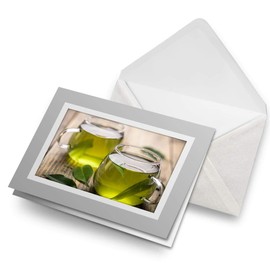 Greeting Cards Gray (Insert) - Healthy Green Tea Organic Drink Blank Greetings Card Birthday Kids Party Boys Girls #16538