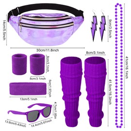 Heyu-Lotus Heyu-Lotus 80er Jahre Outfit Damen, 90er Jahre Kostüm Kleidung Accessoires mit Bauchtasche, Stirnband, Beinwärmer, Armbänder, Brille und Ohrring für Karneval Neon Party?Violett?
