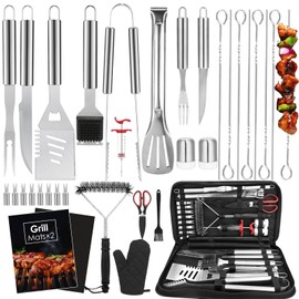 Yoehka BBQ Grilling Accessories Set, 34Pcs Heavy Duty Grill Tools for Outdoor Camping, Grilling Gifts for Men Dad, Stainless Steel Barbecue Utensils Kit with Mats and Glove in Carrying Bag, Silver