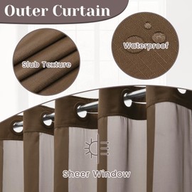 SORTTO No Hook Slub Textured Shower Curtain with Snap in Liner - Chocolate Fabric Outer Curtain & Waterproof Inner Liner, Hotel Style with See Through Top Window, 71x74 in