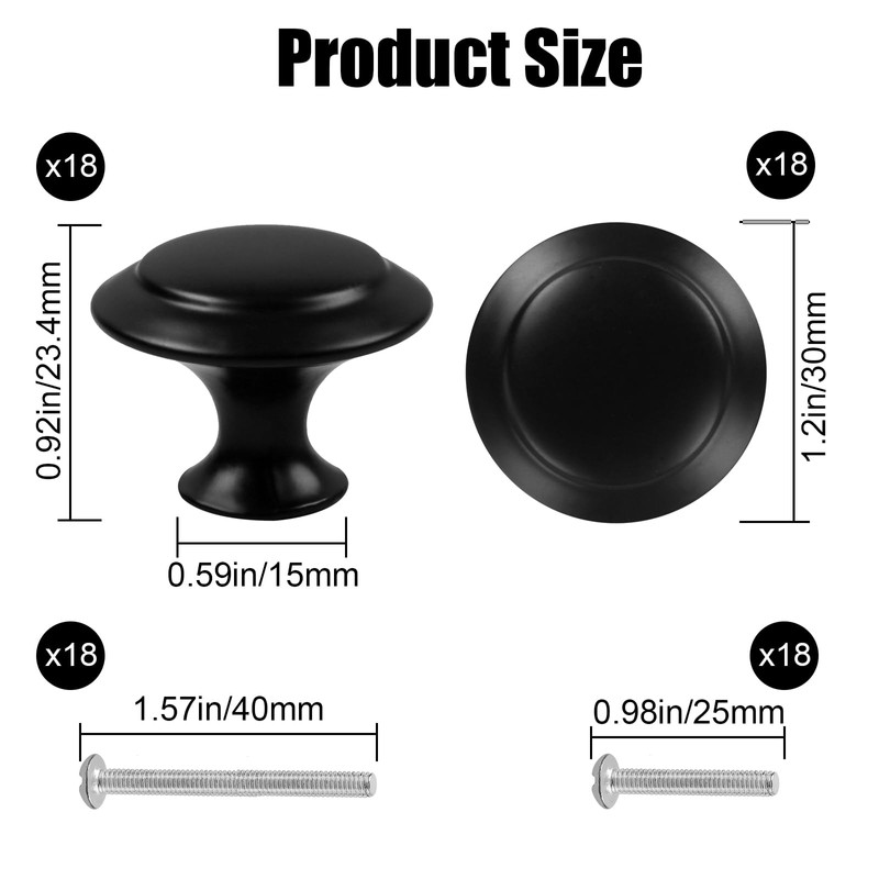 Romeda 18 Pieces Drawer Knobs, 30mm Black Cabinet Knobs, Drawer