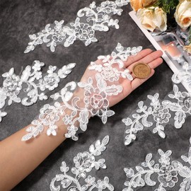 4 PCS Embroidery Sequin Lace Applique Sequin Embroidered Lace-Patches White Laces Applique Flowers for Sewing, Clothing, Bags, DIY Craft Accessories (White)