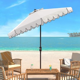 SAFAVIEH 9ft Outdoor Patio Umbrella, Round, Venice Collection, Ivory & Black Trim, Crank, Button Tilt, UV Resistant for Deck, Backyard, Poolside