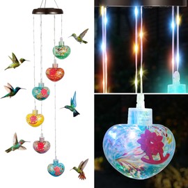 LUJII Solar Wind Chime Hummingbird Feeders for Outdoors, Lighted LED Wires, 6 Hand Blown Glass Reservoirs, RGB Lights, Heart Shaped