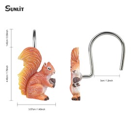 Sunlit Squirrel Decorative Shower Curtain Hooks for Fall Autumn, Cute Animals Shower Curtain Rings, Resin, Orange Bathroom Curtain Hangers Decoration, Set of 12