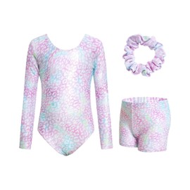 Surgoal Gymnastics Leotards for Girls with Short Long Sleeve Sparkle Ballet Dance Unitard Gymnastics Athletic Outfit 3Pcs for Kids 9-10 Years