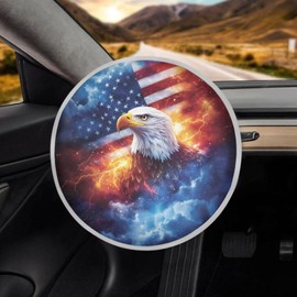 JOAIFO USA Flag Steering Wheel Sunshade, Car Interior Decor, Bald Eagle Car Steering Wheel Sun Shade Cover Patriotic Decor Removable Automotive Accessories for Truck SUV Sedan Van