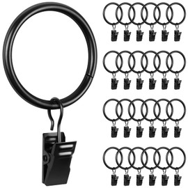 Caianwin Pack of 25 Curtain Rings Metal Curtain Rings with Clips 32 mm Inner Diameter Curtain Rings for Rod Window Door Shower Curtain Washing Line (Black)