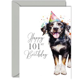 101st Birthday Cards for Women Men - Party Dog - Happy Birthday Card for 101 Year Old Woman Man Great Grandma Grandpa Mom Dad Auntie Uncle Cousin, A5 Bday Greeting Cards