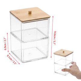 OGANAZI 2 Stück Acryl Wattepads Box Stapelbar Wattestäbchen Behälter Klein Schminktisch Organizer Klar Aufbewahrungsbox mit Bambusdeckel für Beauty-Ei, Kosmetik, Schreibwaren, Haarbänder (Quadrat)