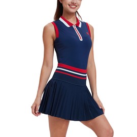 Tennis Skirt Sets for Women Color Block Golf Polo Two Piece Skirt Set Women 2 Piece Outfits with Shorts Navy