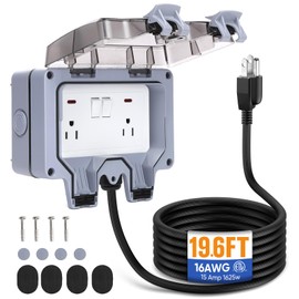 XINYIELE Outdoor Power Outlet,Outdoor Extension Cord Waterproof Double Wall Outlet Extender with On-Off Switch and Indicator Light，Exterior Electric External Power Outlet,Outside Outlet (19.6FT)