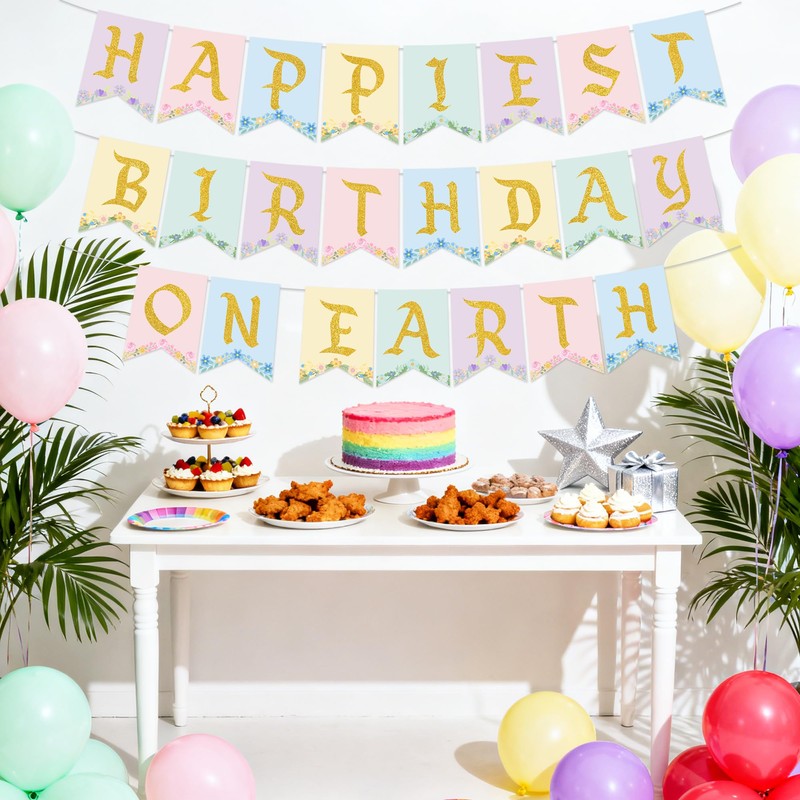 Colorful Happiest Birthday on Earth Banner, Pre-Strung Princess Theme Decor