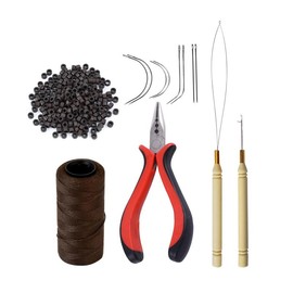 Hair Extensions Tool Kit: 200 count  Lined  Links Beads, 1 Three Hole Hair Pliers, 1 Roll Sewing Thread, 1 Loop  Threader, 1 Pulling Hook , 8 Sewing  (Dark Brown) - Color: Black