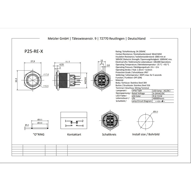 Metzler - Pressure switch 25mm - LED ring lighting green
