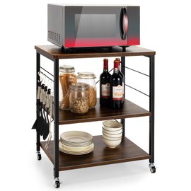 Giantex Kitchen Bakers Rack 3-Tier Microwave Cart on Wheels, Industrial Utility Bar Cart with 10 Hooks Metal Frame Wood Storage Shelves, Rolling Microwave Stand, Vintage Brown