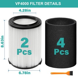 2 Pack VF4000 Filter Replacement for Ridgid Shop Vac Filters 5-20 Gallon, fits Husky 6-9 Gallon Vacuums, Complete with 4 Pack Foam Sleeve