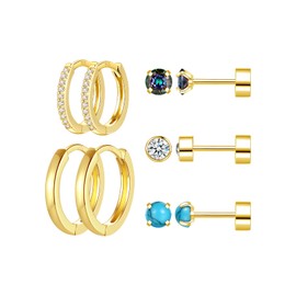 RoseJeopal 5 Pair 18K Gold Earrings Set for Women, Small Turquoise Round Stud Earrings, Golden Hoop Earrings with AAA+ Cubic Zirconia, Hypoallergenic Gold Ear Piercing Girls for Multiple Ear Holes,