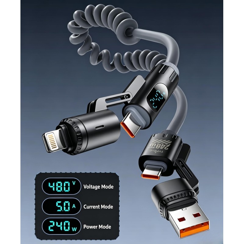 240W 4-in-1 Coiled Fast Charging Cable with LED Display, USB-A